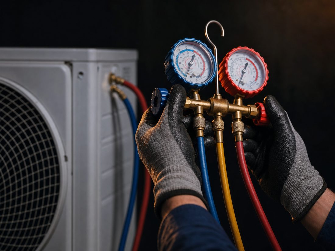 HVAC manifold gauges connected to an air conditioning condenser