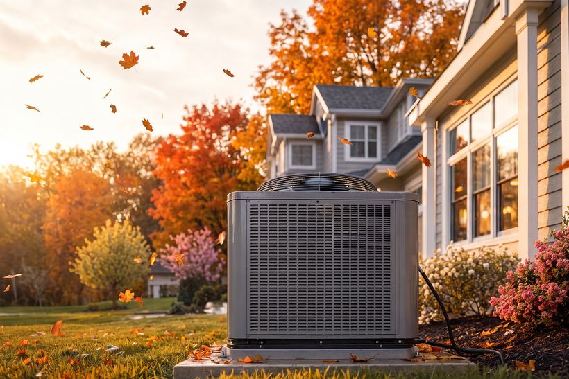 Air conditioning unit beside a home during autumn