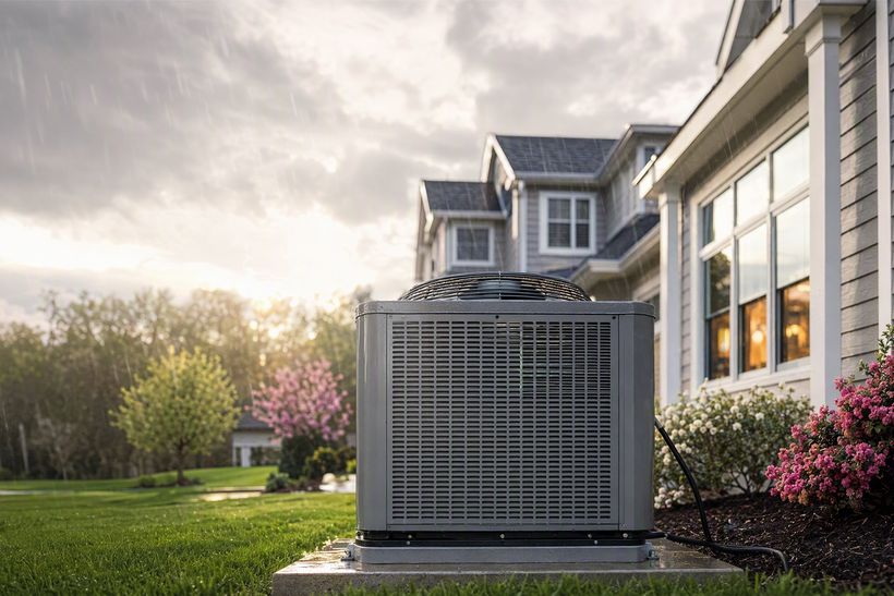 Air conditioning unit beside a home in spring rain