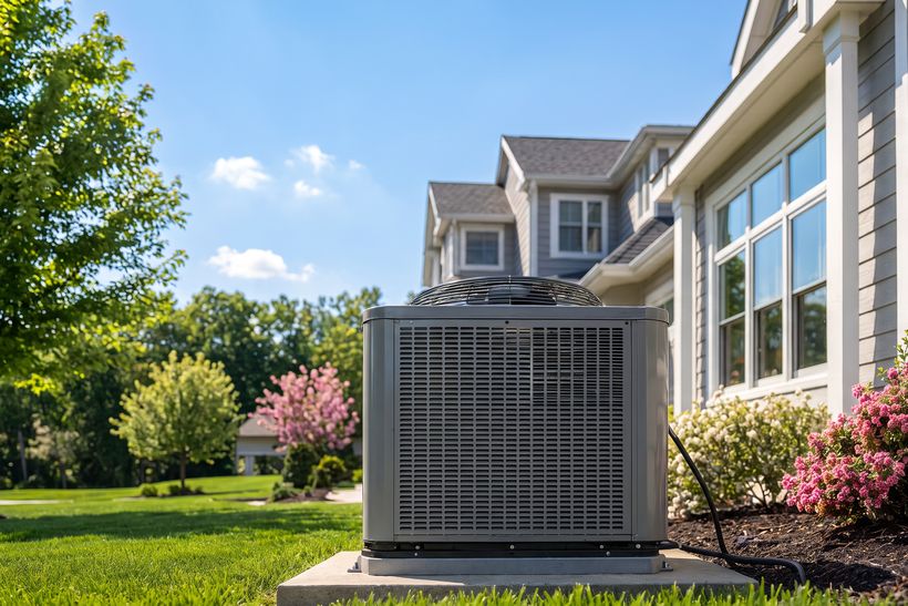 Air conditioning unit beside a home on a sunny summer day
