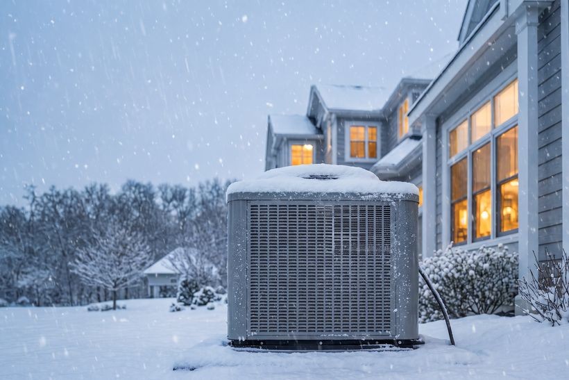 Air conditioning unit beside a home covered in winter snow